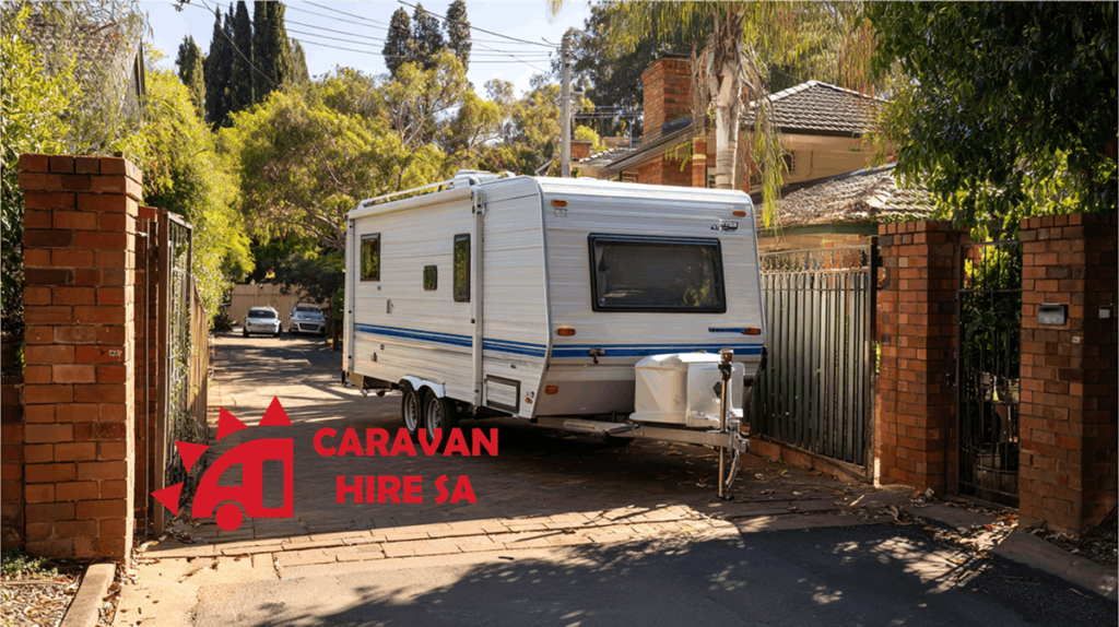 Caravan fitting through side gate access in Adelaide backyard - Caravan Hire SA